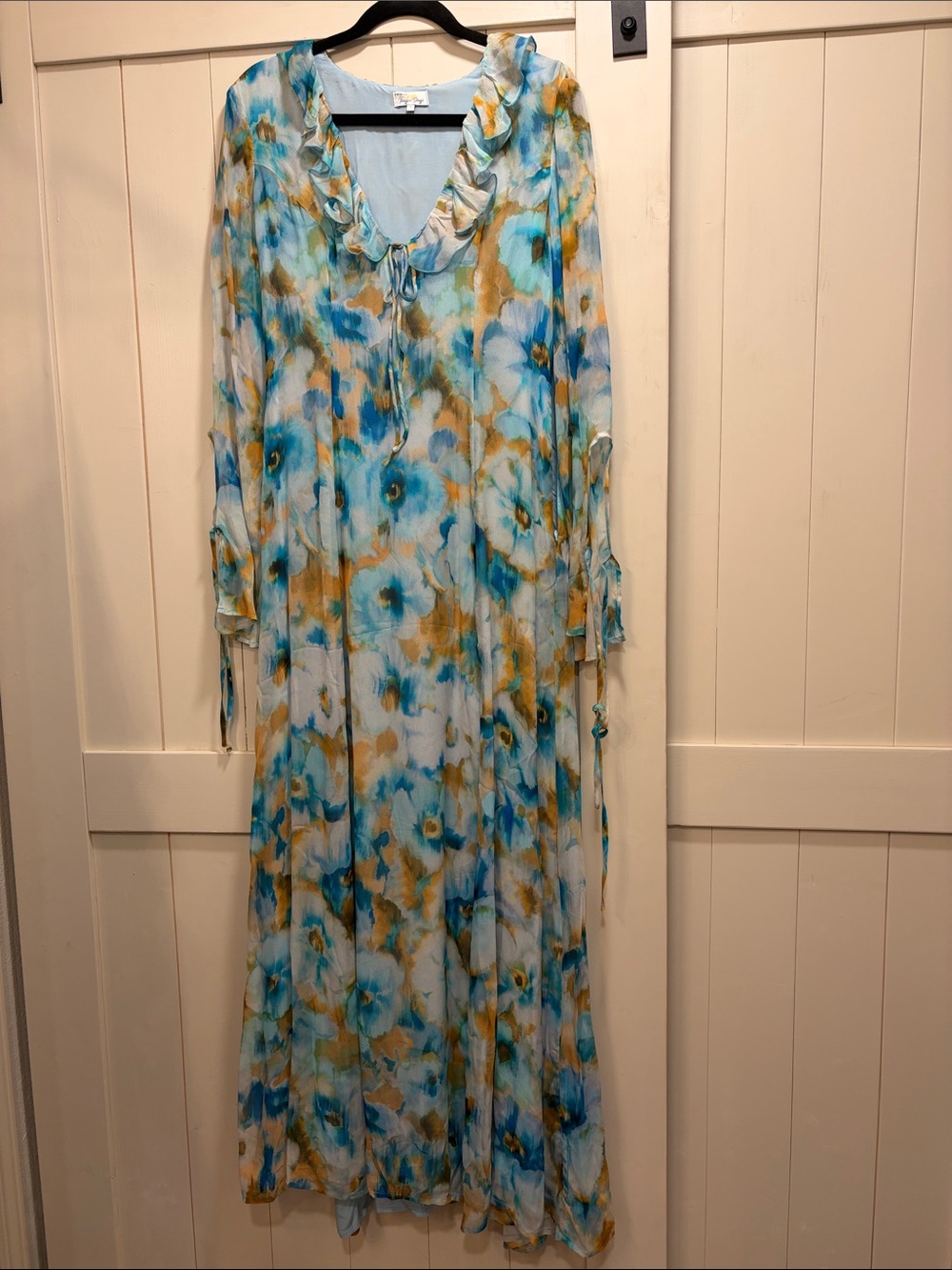 Sky Blue Floral Ruffled V-Neck Maxi Dress